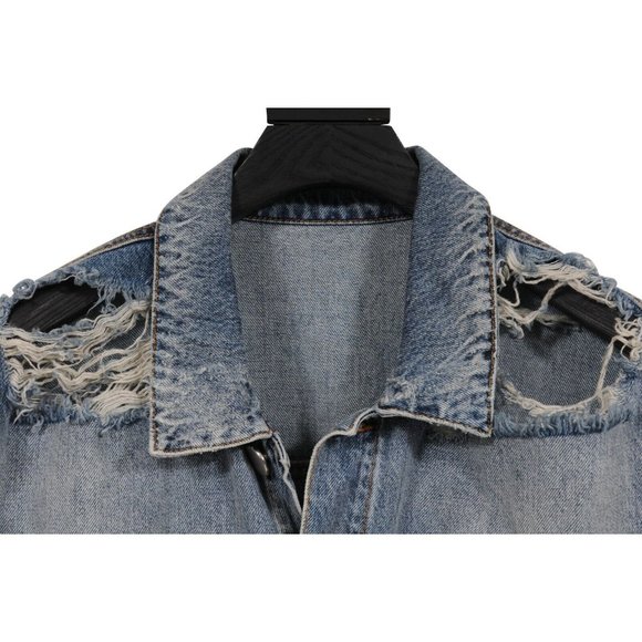 Balmain Mens Distressed Jeans Jacket Size Large Blue Denim Logo Ripped Sleeves - Picture 9 of 14